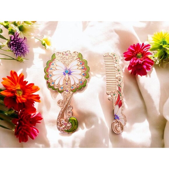 Vintage-Inspired Butterfly Mirror Comb Set Metal Handheld Compact Gift - Picture 1 of 12